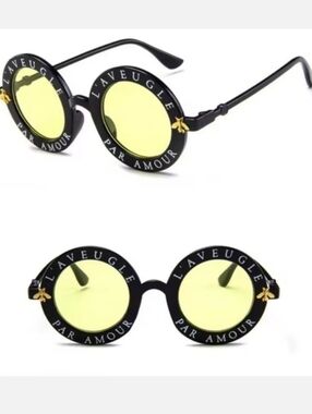 Black Round Sunglasses With Vintage Gold Bee Frames Yellow Granite Lens